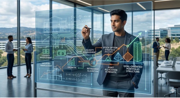 Professional analyzing financial strategy on a digital interface, illustrating data-driven planning and advisor decision-making.